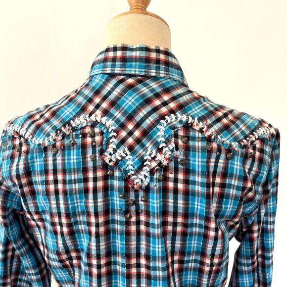 Panhandle Slim Blue Turquoise Plaid Medium Pearl Snap Western Shirt Embroidered - Picture 5 of 9